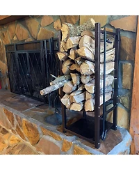 Indoor/Outdoor Steel Fire Pit or Fireplace Firewood Log Rack Holder with Hooks - 32"