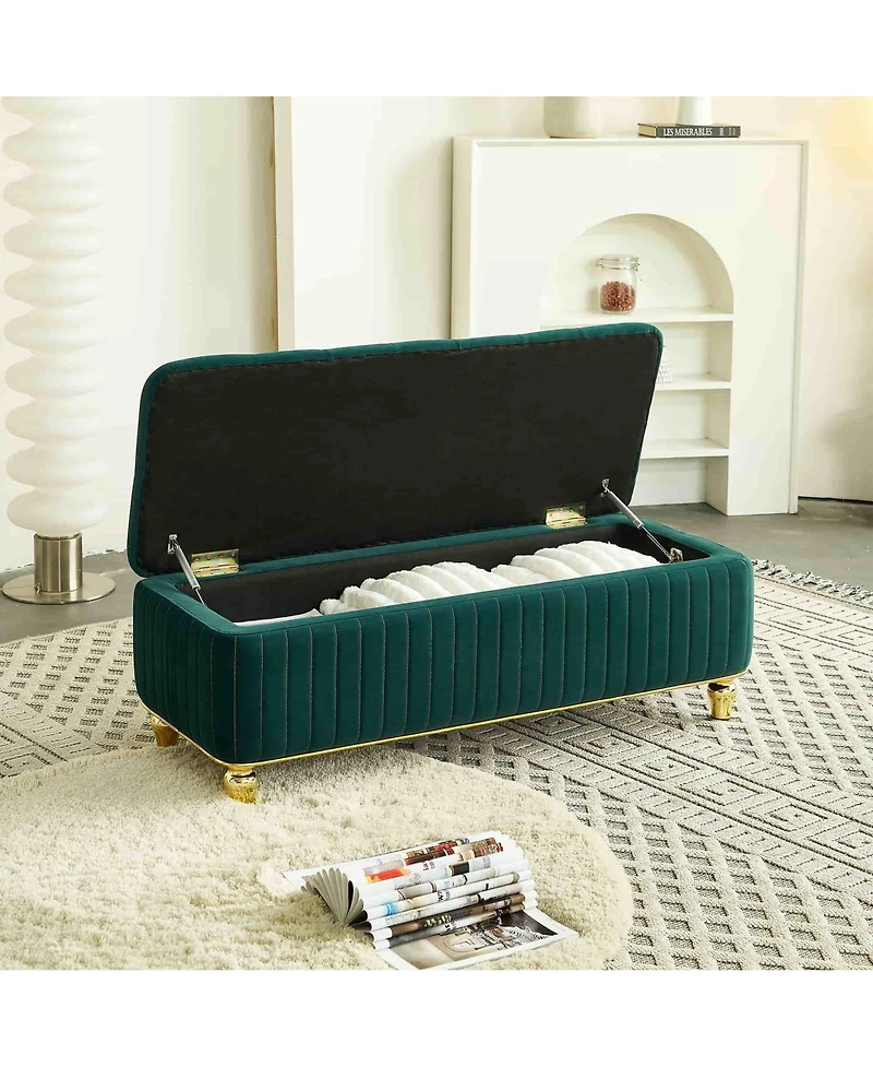 47.24" W Velvet Storage Ottoman Bench with Gold Embroidery, Modern Footstool for Living Room & Bedroom-The Pop Home