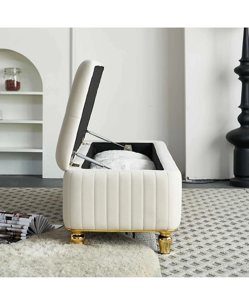47.24" W Velvet Storage Ottoman Bench with Gold Embroidery, Modern Footstool for Living Room & Bedroom-The Pop Home