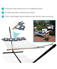 Outdoor 2-Person Double Cotton Rope Hammock with Wood Spreader Bar and 15ft Black Steel Stand - Cream
