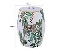 Accent Table with Drum Shape and Tropical Print for Vibrant Home Decor
