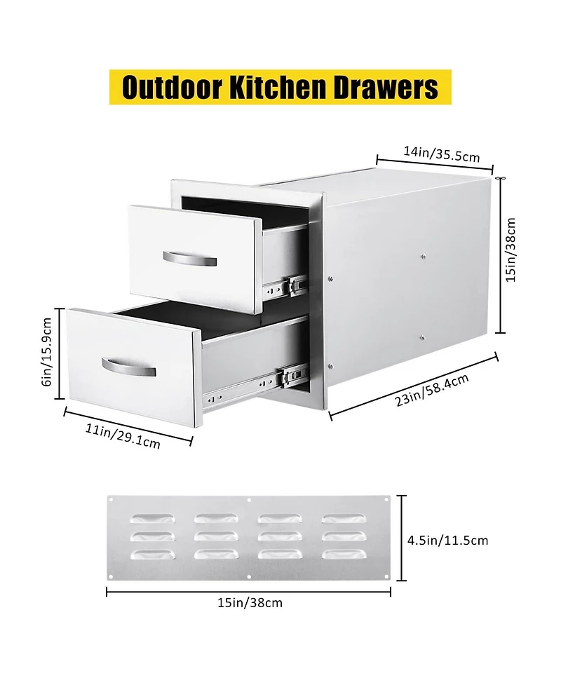 gaomon Outdoor Kitchen Drawers, Stainless Steel Flush Mount Double Bbq Storage Drawers, 14W x 23D x 15H Inches Built-in Access Drawers with Venting Pa