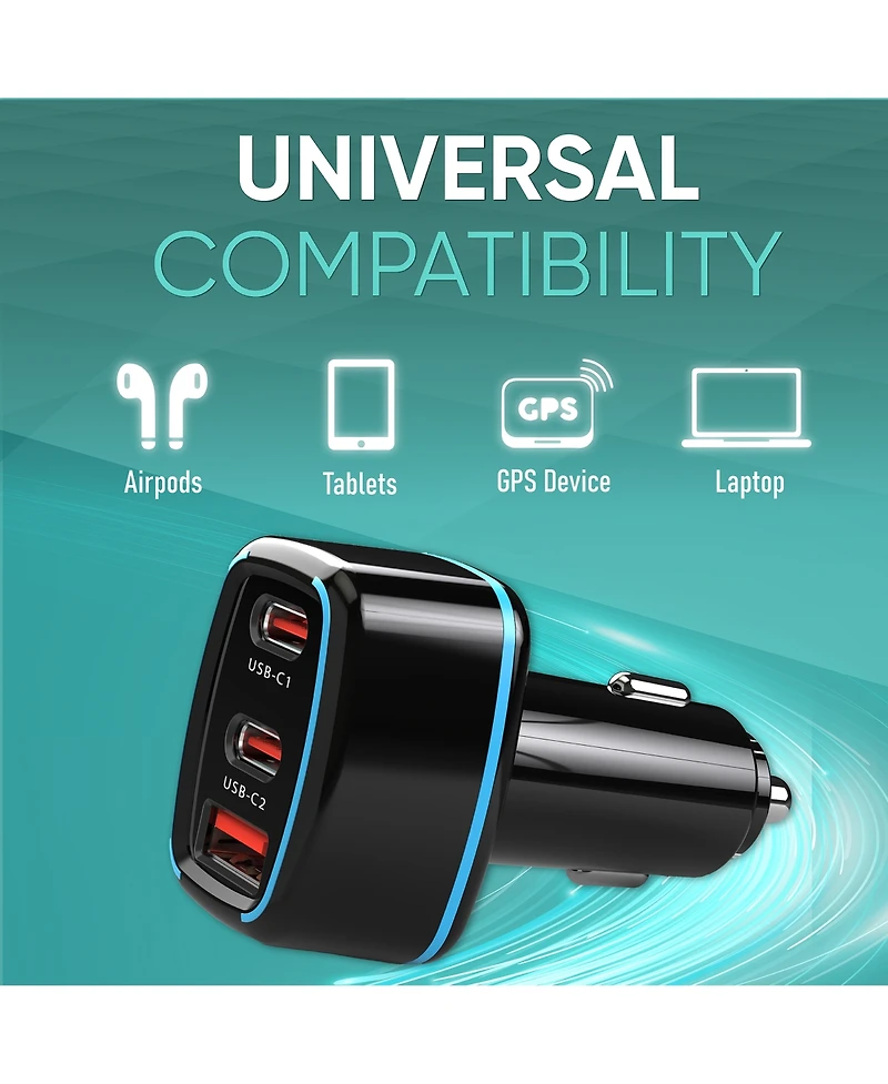 Philco Car Charger PD45W, 2 Usb-c + 1 Usb-a Fast Charging Adapter, Compact 12V/24V Vehicle Charger