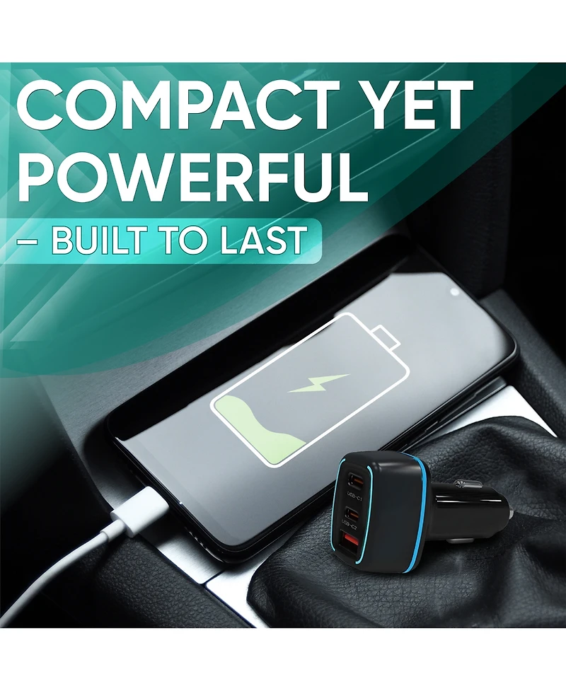 Philco Car Charger PD45W, 2 Usb-c + 1 Usb-a Fast Charging Adapter, Compact 12V/24V Vehicle Charger