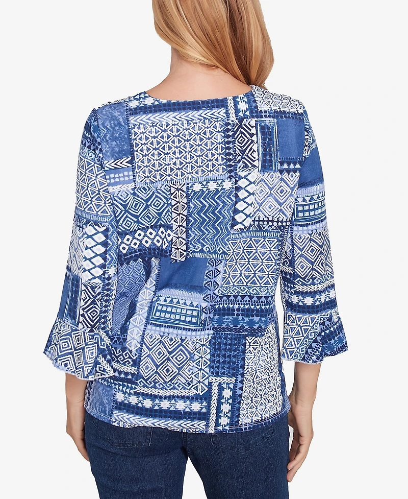 Alfred Dunner Women's Classic Beaded Split Neck Patchwork Top