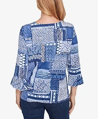 Alfred Dunner Women's Classic Beaded Split Neck Patchwork Top