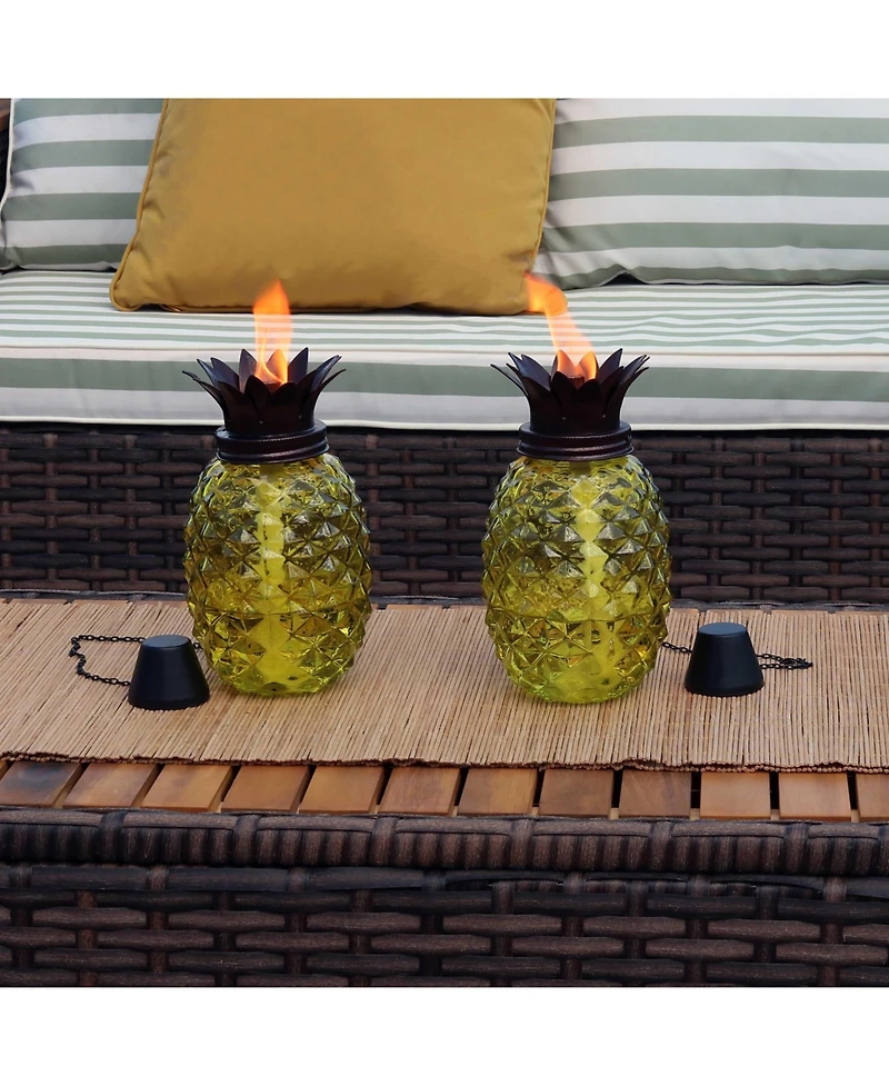 Outdoor Adjustable Height 3-in-1 Glass Tropical Pineapple Torches with Connected Snuffs and Metal Poles - 2pk