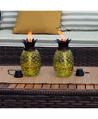 Outdoor Adjustable Height 3-in-1 Glass Tropical Pineapple Torches with Connected Snuffs and Metal Poles - 2pk