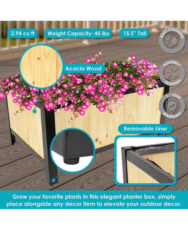 Acacia Wood Steel Framed Planter Box with Removable Planter Bag