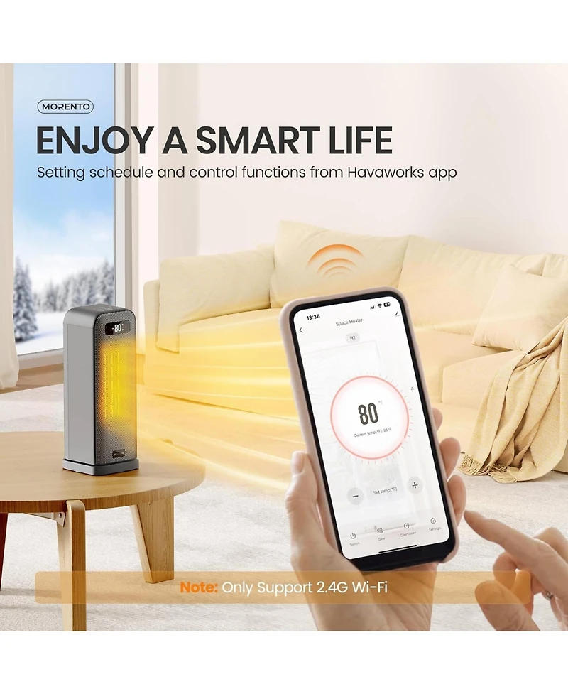 Morento Smart Space Heater, 1500W Electric Heater with Wi-Fi & Voice Control, Portable Heaters with Thermostat for Indoor Use, 12H Timer