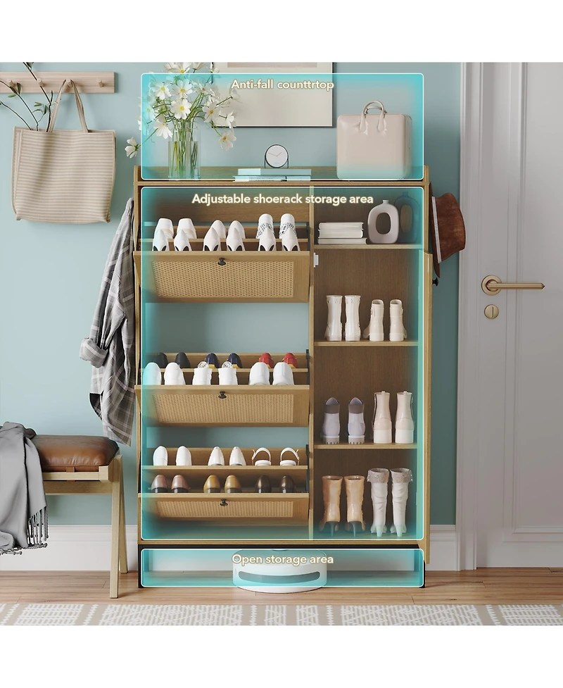 gaomon Shoe Cabinet, Natural Rattan Freestanding Shoe Organizer with 3 Flip-out Drawers and 4 Open Shelves Side Cabinet, Slim Wood Shoe Rack with Meta