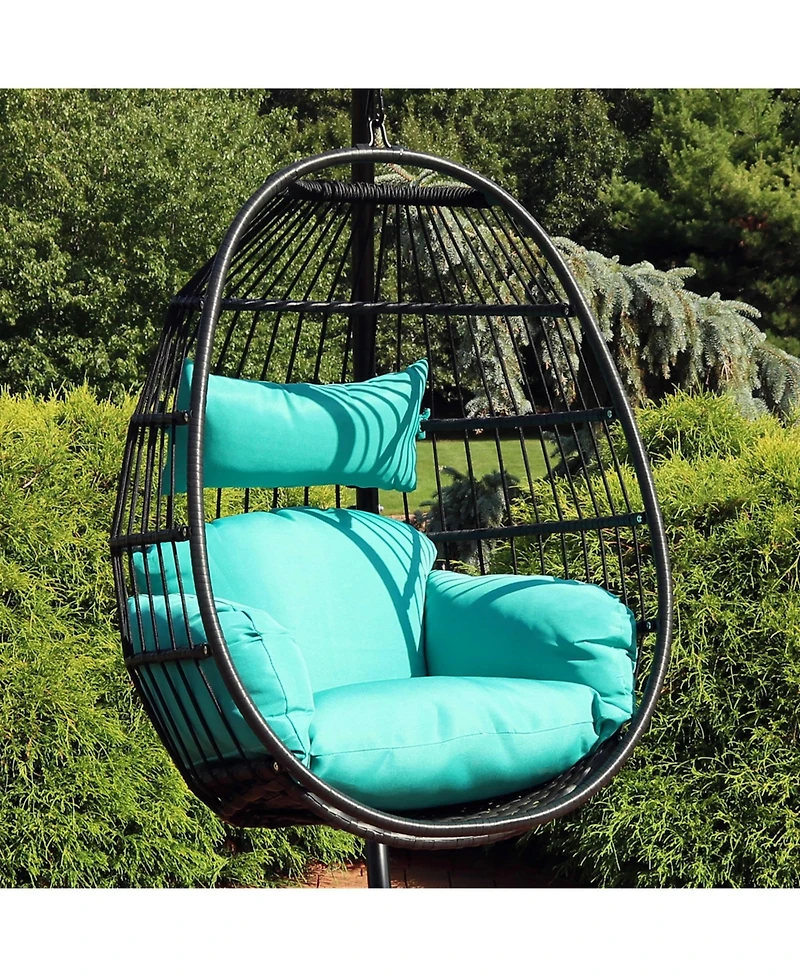 Dalia Black Steel and Polyethylene Wicker Hanging Egg Chair with Teal Polyester Seat Cushions - 45-Inch Tall