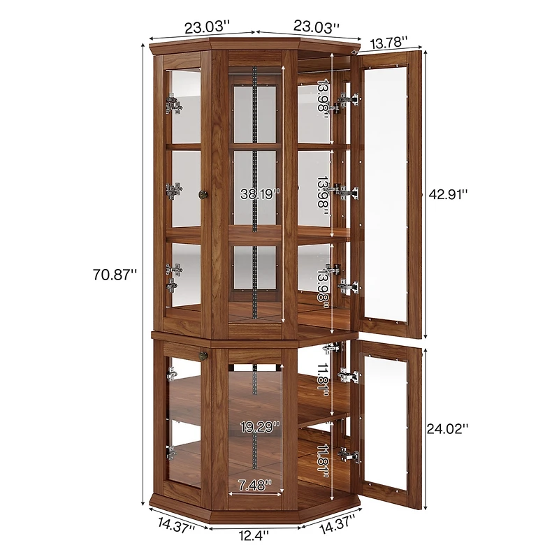 Tribesigns Corner Storage Cabinet, 71" Tall Corner Cabinet with Doors & Led Lights, 5-Tier Mid-Century Corner Display Cabinet for Living Room, Ki