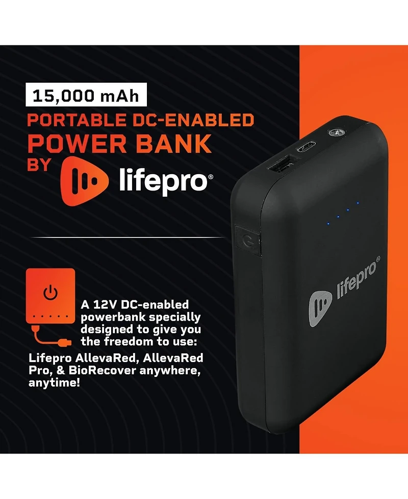 LifePro Portable Powerbank for AllevaRed, AllevaRed Pro & BioRecover – 15,000 mAh Compact Battery Pack with Usb 3.0 & 12V Dc Output for Wellnes