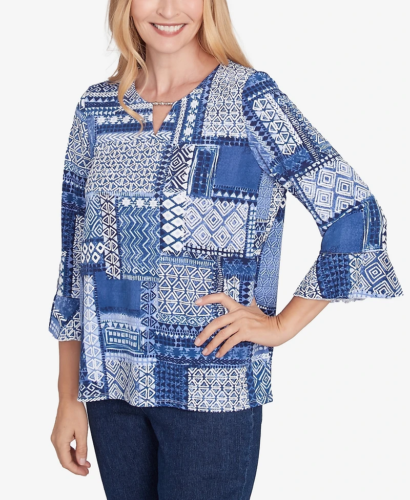 Alfred Dunner Petite Classics Beaded Split Neck Patchwork Top