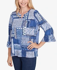Alfred Dunner Petite Classics Beaded Split Neck Patchwork Top
