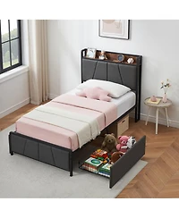 gaomon Twin Size Bed Frame with 2 Storage Drawers and Charging Station, Rustic Linen Upholstered Platform Bedframe with Storage Headboard