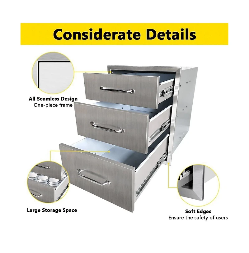 gaomon Outdoor Kitchen Drawer, 3-Layers Stainless Steel 18"x23"x23" Enclosed Built-in Flush Mount Outdoor Kitchen Access Drawer