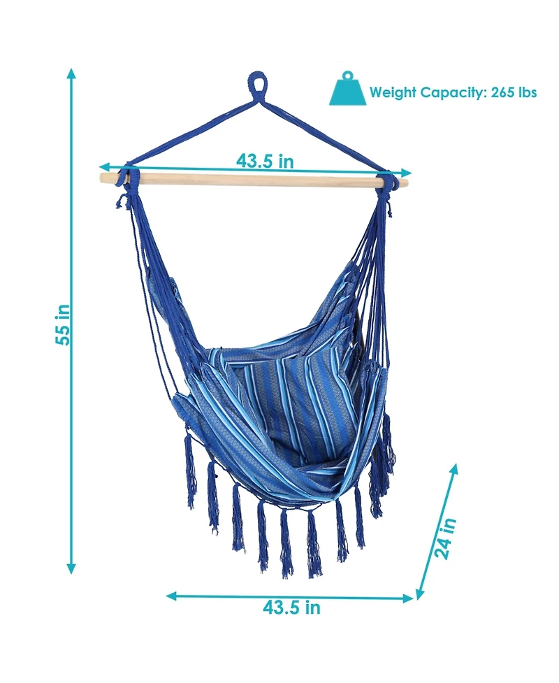 Indoor or Outdoor Hanging Hammock Chair with Cushions - Fabric with Tassels - 265-Pound Capacity - Cornflower Stripes