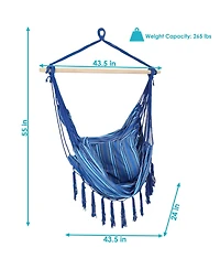 Indoor or Outdoor Hanging Hammock Chair with Cushions - Fabric with Tassels - 265-Pound Capacity - Cornflower Stripes