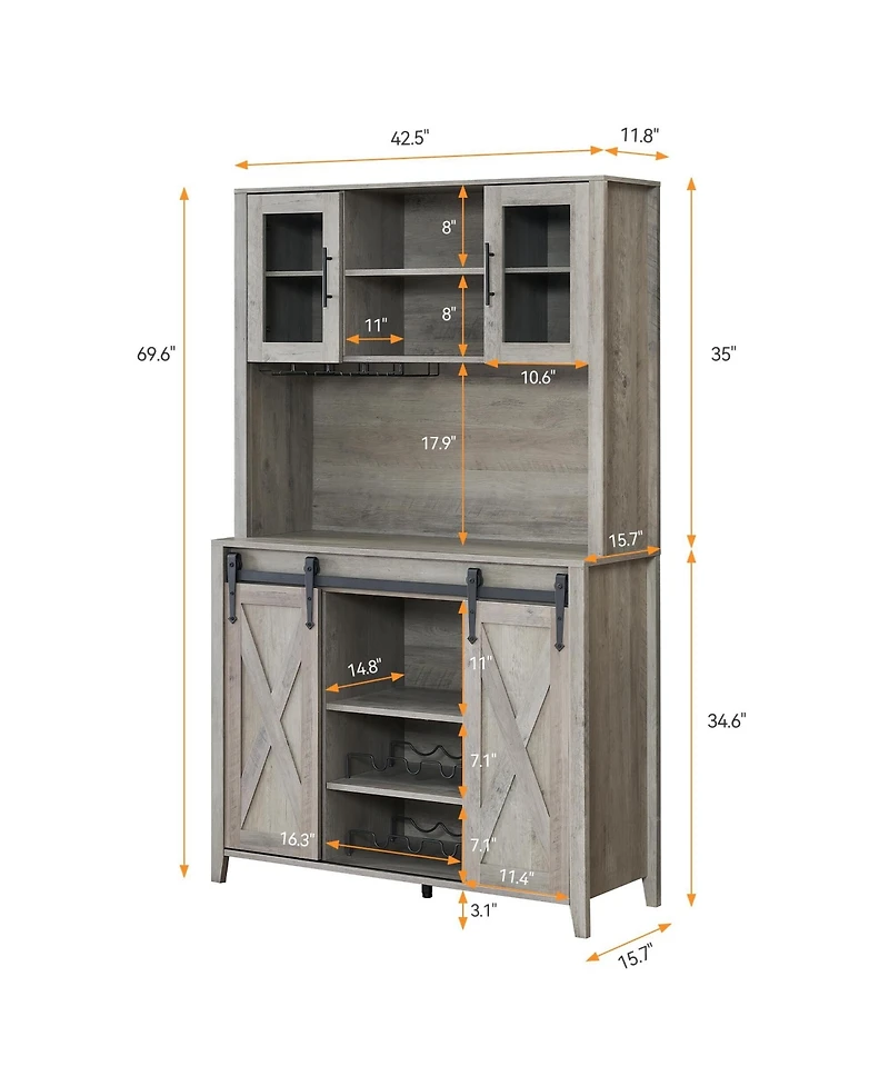 gaomon 70" Farmhouse Bar Wine Cabinet with Sliding Barn Doors, Coffee Liquor Cabinets with Storage Shelves and Glasses Rack for Kitchen