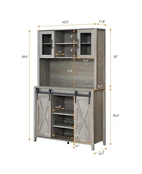 gaomon 70" Farmhouse Bar Wine Cabinet with Sliding Barn Doors, Coffee Liquor Cabinets with Storage Shelves and Glasses Rack for Kitchen