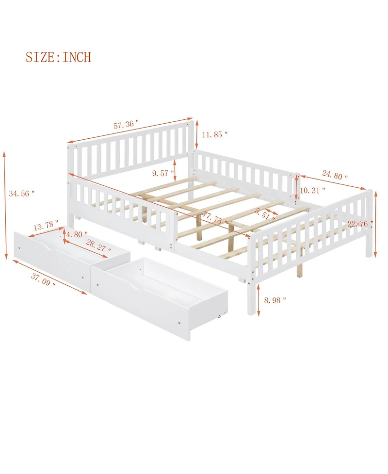 Wood Platform Bed with Guardrails on Both Sides and Two Storage Drawers