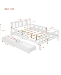 Wood Platform Bed with Guardrails on Both Sides and Two Storage Drawers