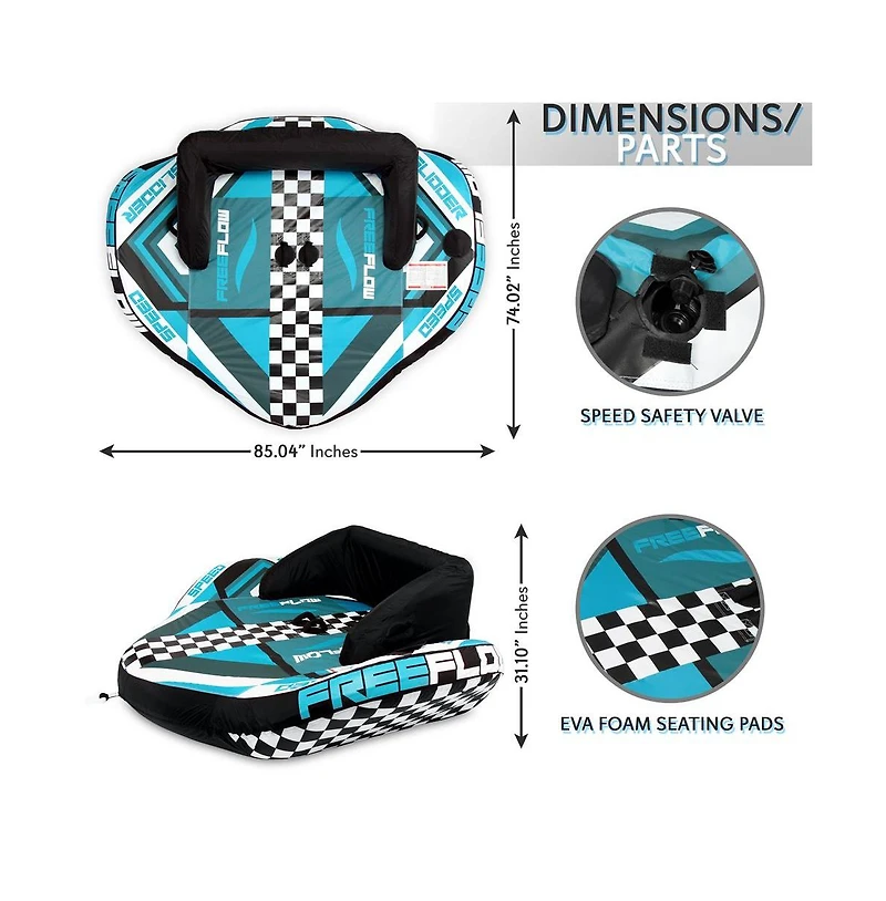 SereneLife Inflatable Towable Tube With Front Tow Point & Stabilizer Walls - 2-Person Capacity