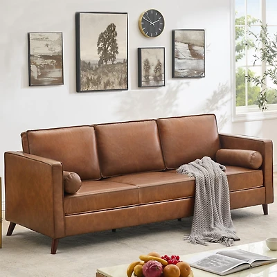gaomon 3 Seat Leather Sofa, Mid Century Modern Deep Seat Couch with Wide Armrests and Supportive Backrest, Brown Pu Couch, Waterproof Oversized Cloud