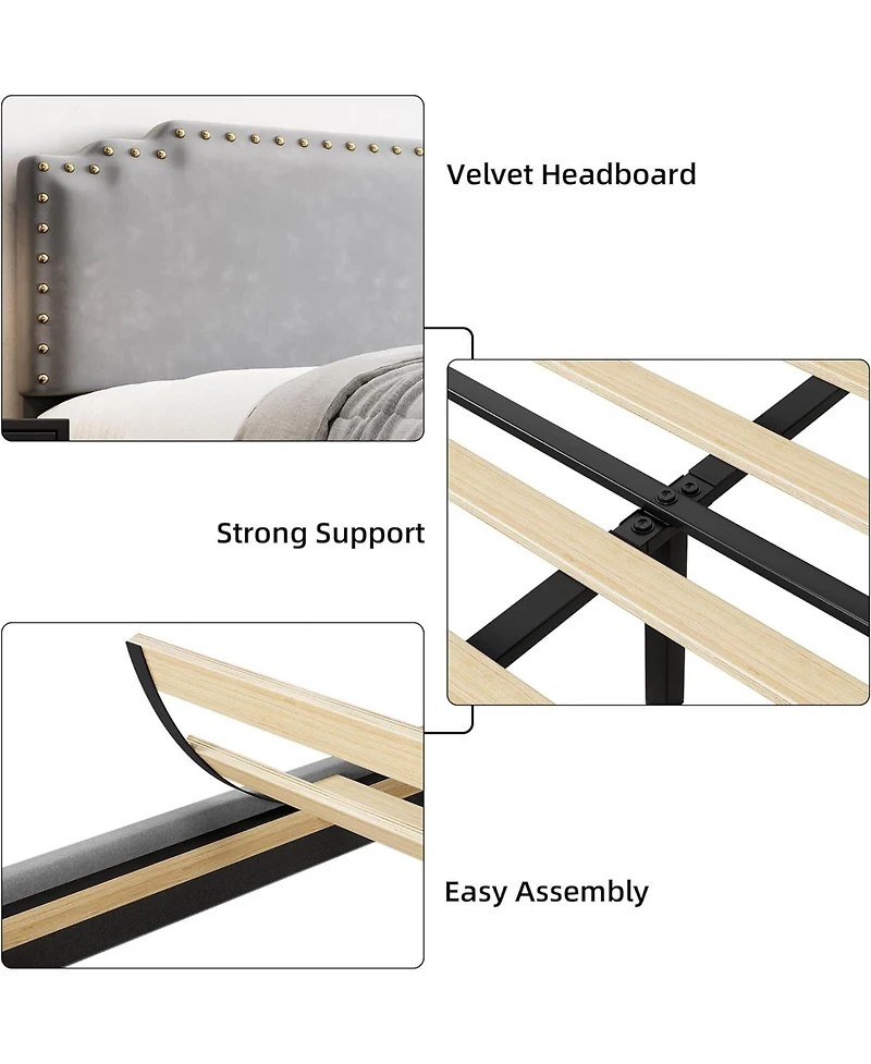 gaomon Queen Size Bed Frame with Headboard, Velvet Upholstered Platform Bed with Rivet Decor, Heavy Duty, No Box Spring Needed, Easy Assembly