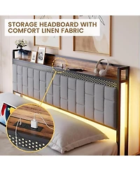 gaomon Full Size Bed Frame with Led Light and Charging Station, Upholstered Platform Bed with Storage Headboard, Metal Slat, Noise Free, Easy Assembly