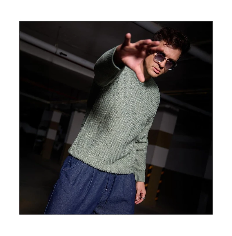 Campus Sutra Men's Sage Green Textured Knit Pullover Sweater