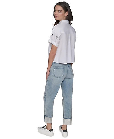 Karl Lagerfeld Paris Petite Cotton Button-Front Embellished Shirt