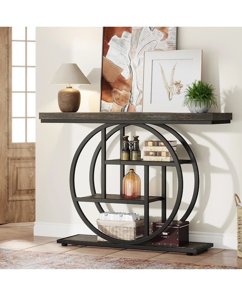 Tribesigns 41.3" Console Table, Industrial 4-Tier Sofa Table Entryway with Circle Base, Narrow Wood Accent Tables Shelves, Light Brown
