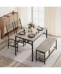 gaomon Dining Table Set for 4 Kitchen Table With Bench & 2 Chairs 4-Piece Dining Table Set w/ Storage Wine Rack Rectangular Dining Furniture Set With