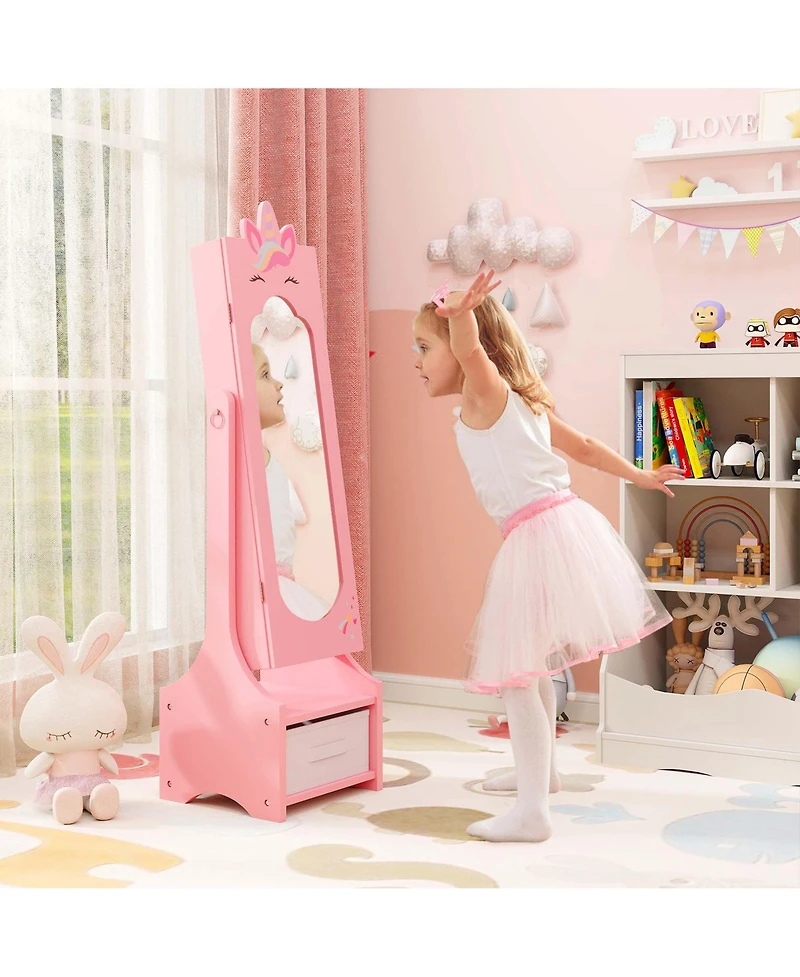 Costway Kids Vanity Set Princess Makeup Dressing Table and Chair Set with Jewelry Armoire