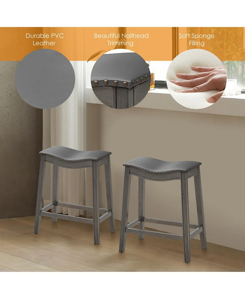 Gymax Set of 2 Saddle Bar Stools Counter Height Kitchen Chairs w/ Rubber Wood Legs