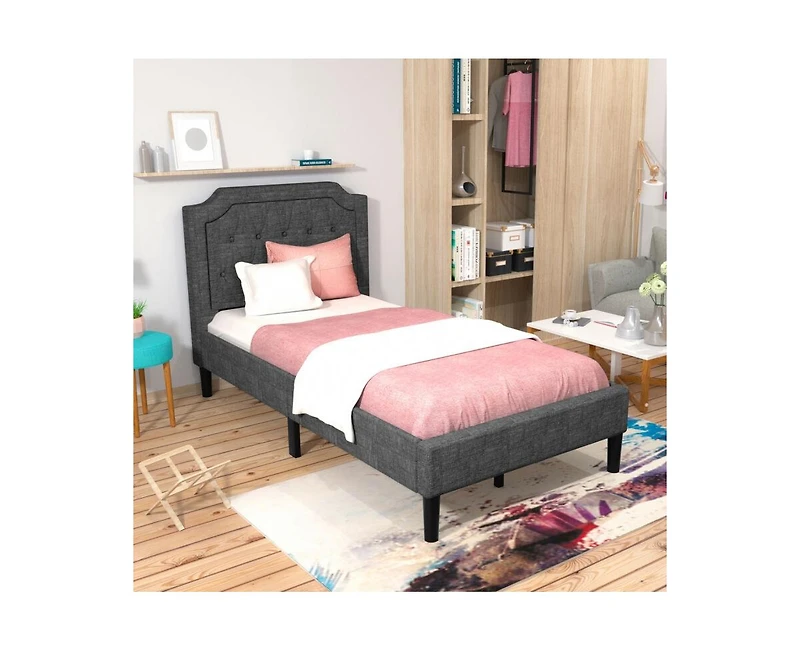 Linen Twin Upholstered Platform Bed Frame with Headboard and Mattress Foundation