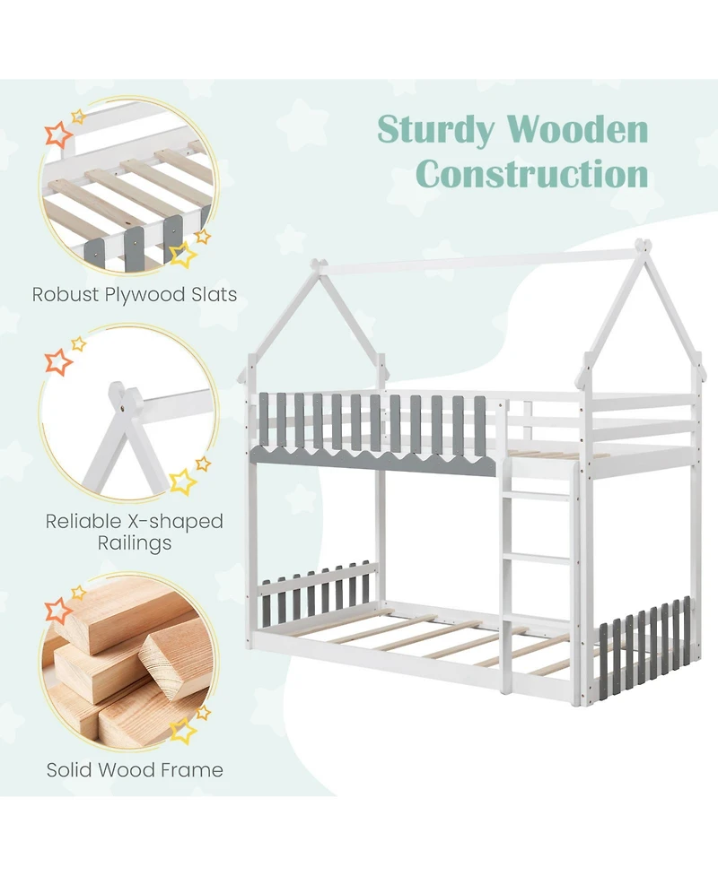 Twin Over Twin Bunk Bed with Fence and Ladder for Kids