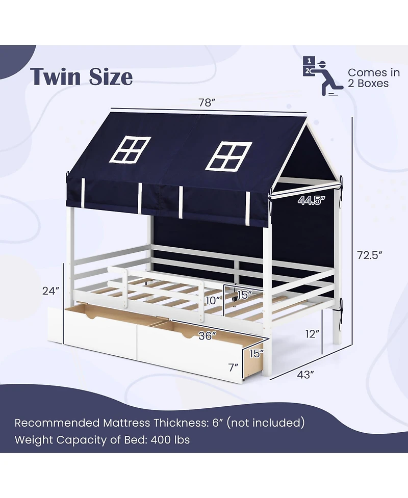 Twin House Bed for Kids with Tent and 2 Storage Drawers