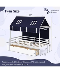 Twin House Bed for Kids with Tent and 2 Storage Drawers