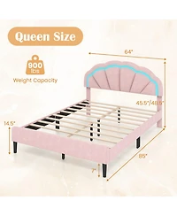 Queen Size Upholstered Led Bed Frame with Adjustable Flower Headboard and Metal Support Legs