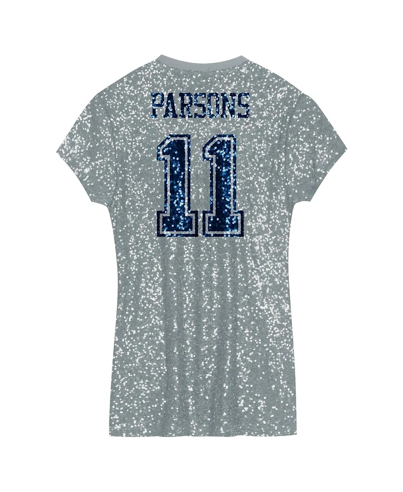 Outerstuff Big Girls Micah Parsons Silver Dallas Cowboys Sequin Player Name Number V-Neck Dress