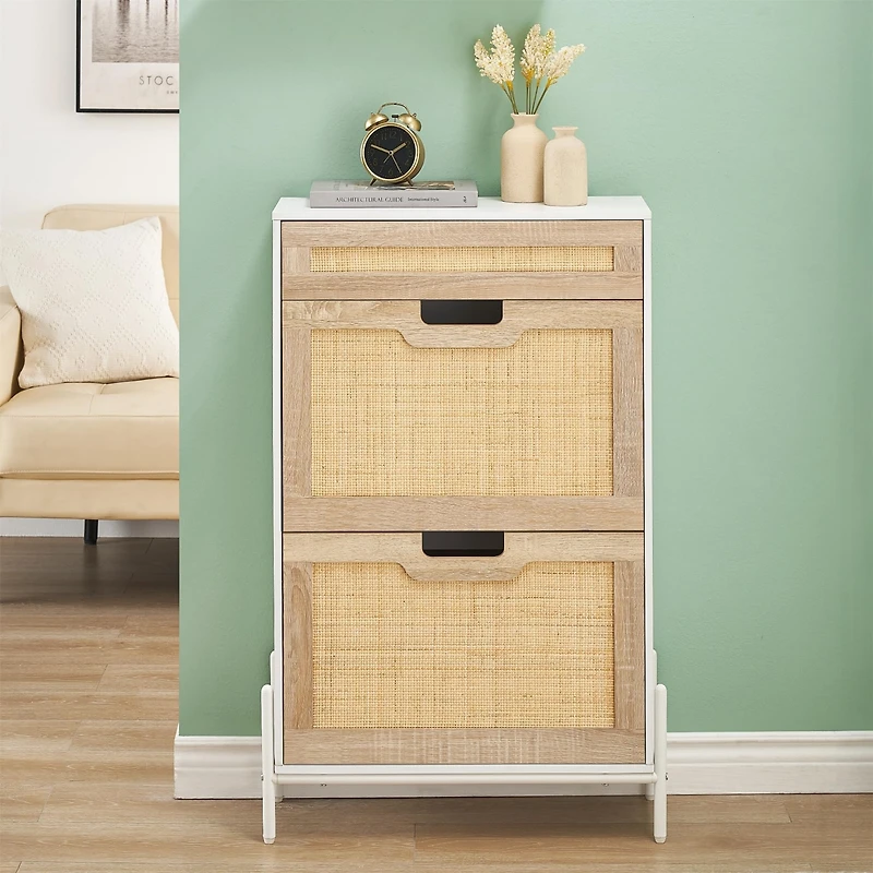 Natural Rattan Storage Cabinet with 2 Flip Drawers, Wooden Entry Way Cabinet with Storage with Adjustable Shelf and Metal Legs, Entrance Shoe Cabinet