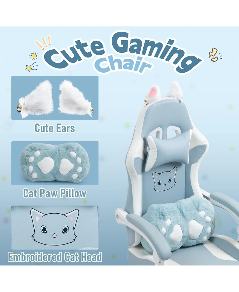 Dyhome Faux Leather Gaming Chair with Cat Paw Lumbar Cushion and Cat Ears, Ergonomic Computer Chair, Reclining Pc Game Chair