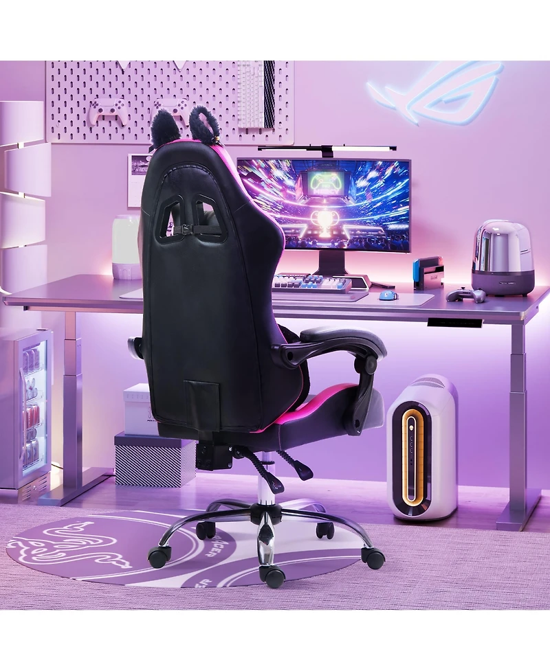 Dyhome Faux Leather Gaming Chair with Cat Paw Lumbar Cushion and Ears, Ergonomic Computer Chair, Reclining Pc Game