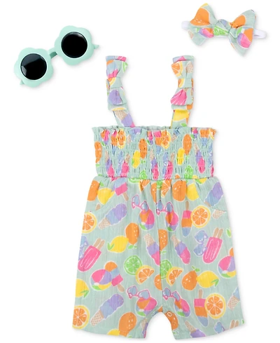 Baby Essentials Baby Girl 3-Pc. Popsicle Romper, Sunglasses, & Headband Set