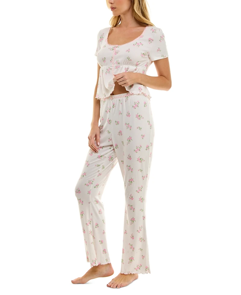 Roudelain Women's Flared Floral Ribbed Pajama Set