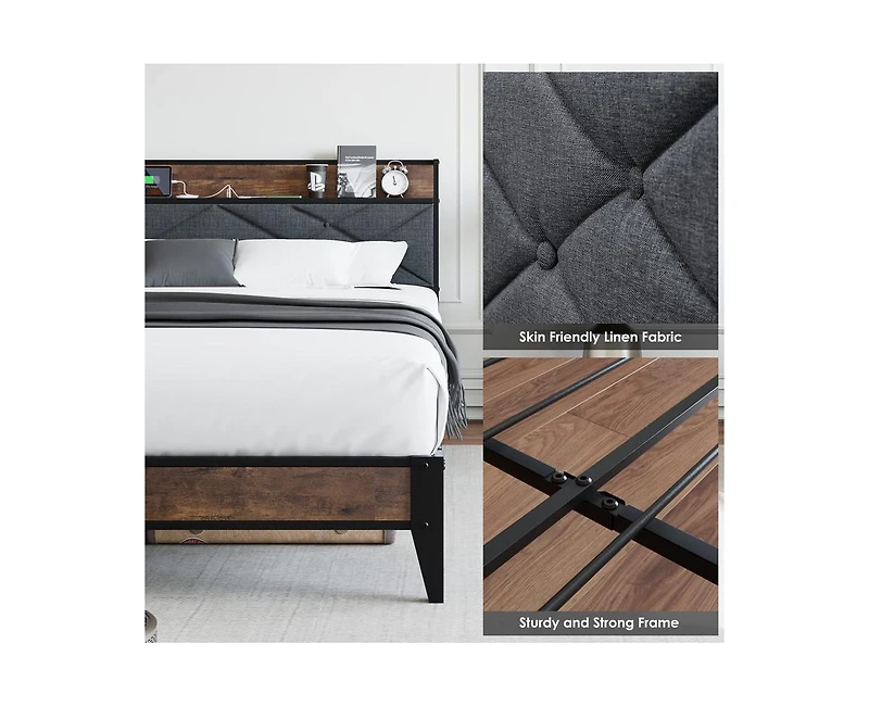 gaomon King Size Bed Frame,Upholstered Headborad with Storage and Charing Station, Tufted Design, Steel Slats Support, No Box Spring Needed, Easy Asse